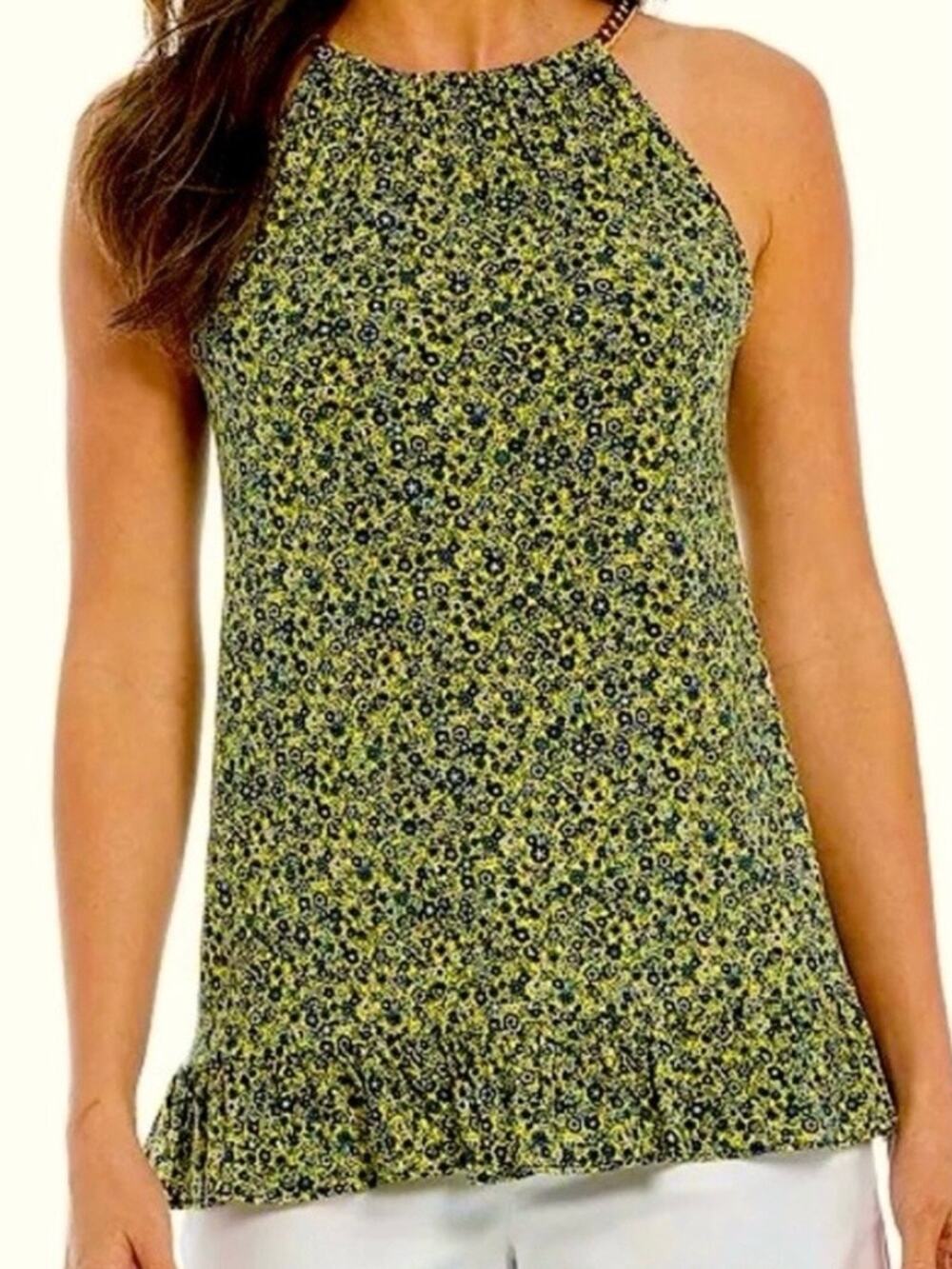 Michael Kors Yellow and Blue Floral Gold Chain Halter Swing Top S NWOT